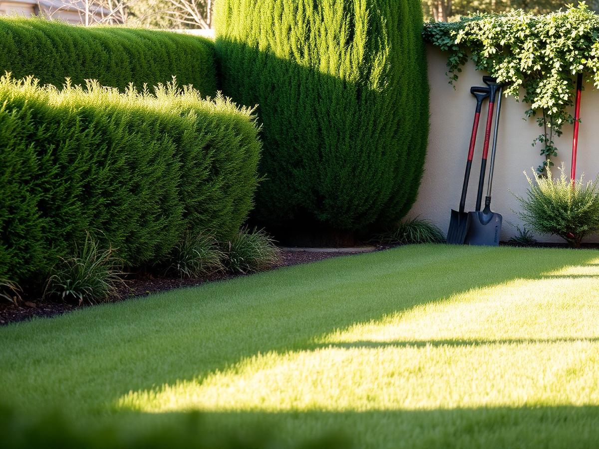 Gartenarbeit mit gepflegtem Rasen und Hecke