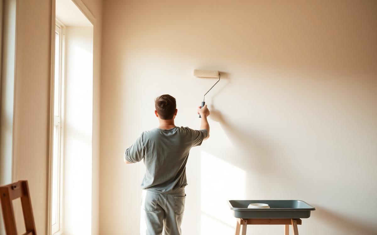 Person streicht eine Wand mit einer Farbrolle