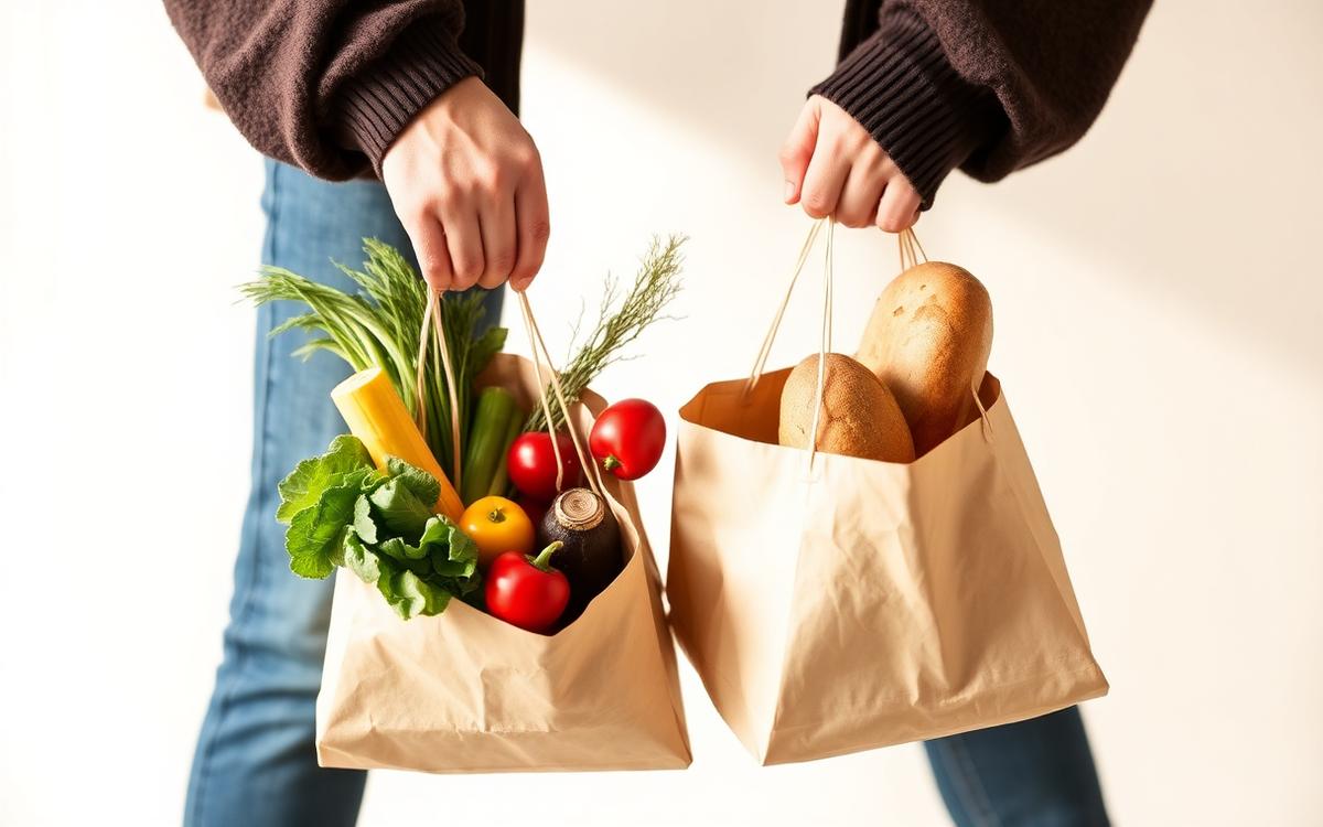 Einkaufstaschen mit frischen Lebensmitteln werden getragen